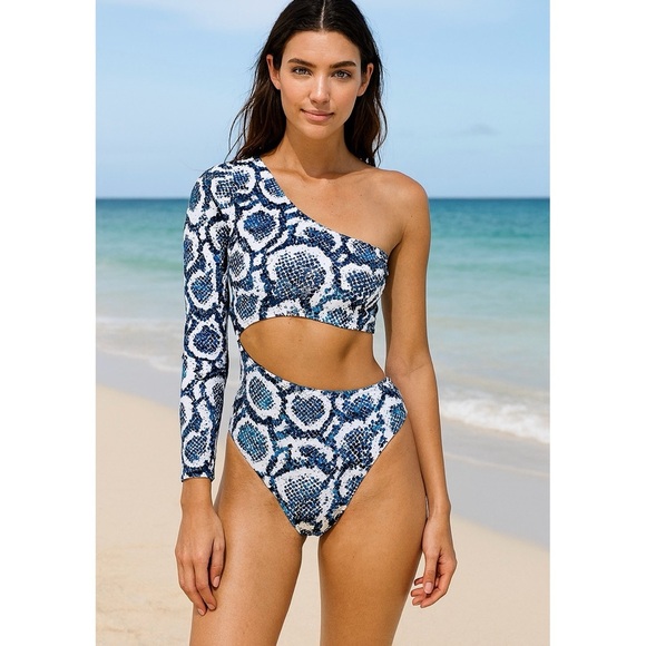 NEW BCBGMaxazria Blue Snake Print One Sleeve Asym High Rise Cutout Swimsuit Sz S - Picture 1 of 11